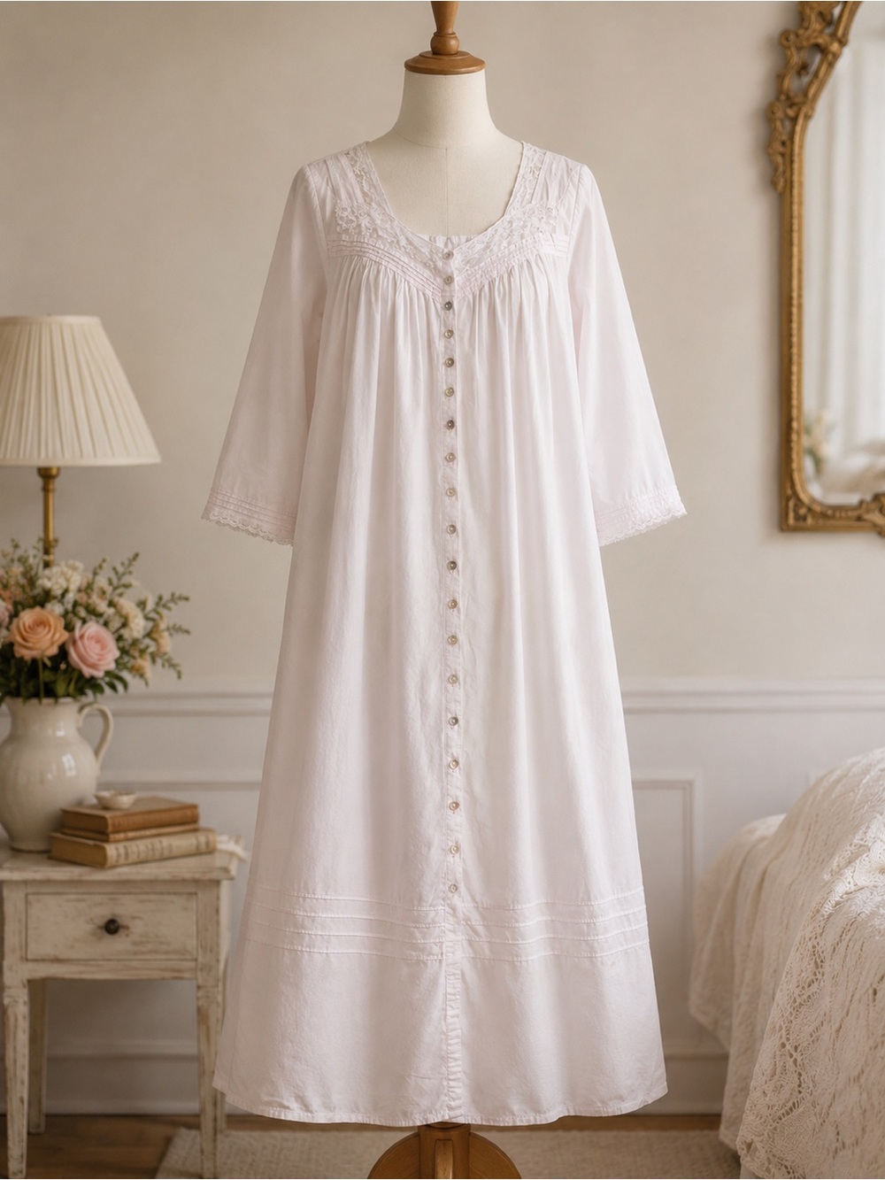 Eileen West Cotton Lace Button Front Long Nightgown M